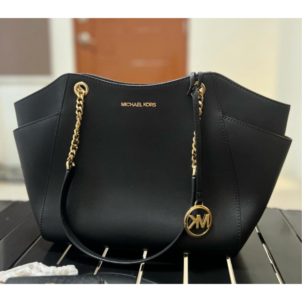ORIG MK Jet Set Large Saffiano Chain Shoulder Tote Bag Black