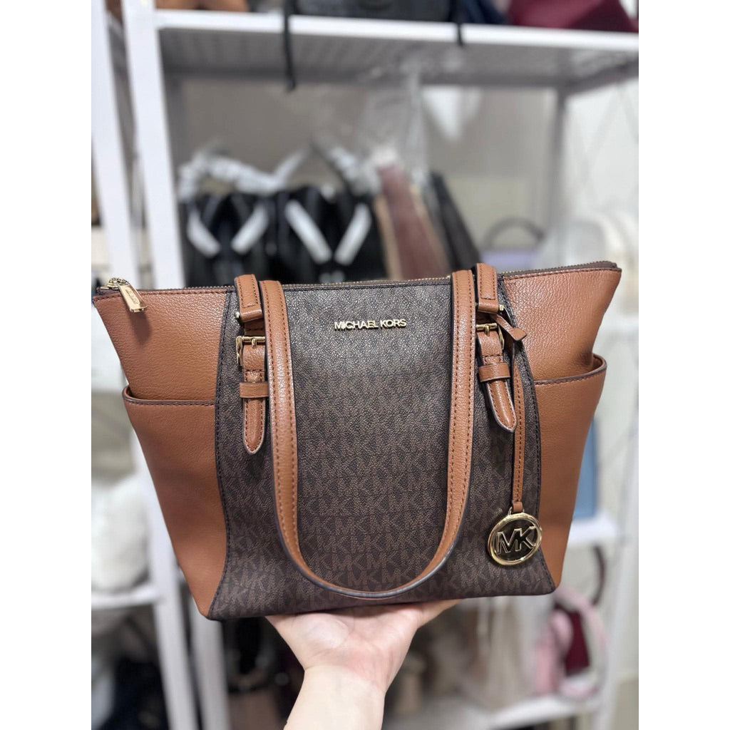 ORIG & IMPORTED MK Charlotte Large Logo and Leather Top-Zip Tote Bag Brown White Black