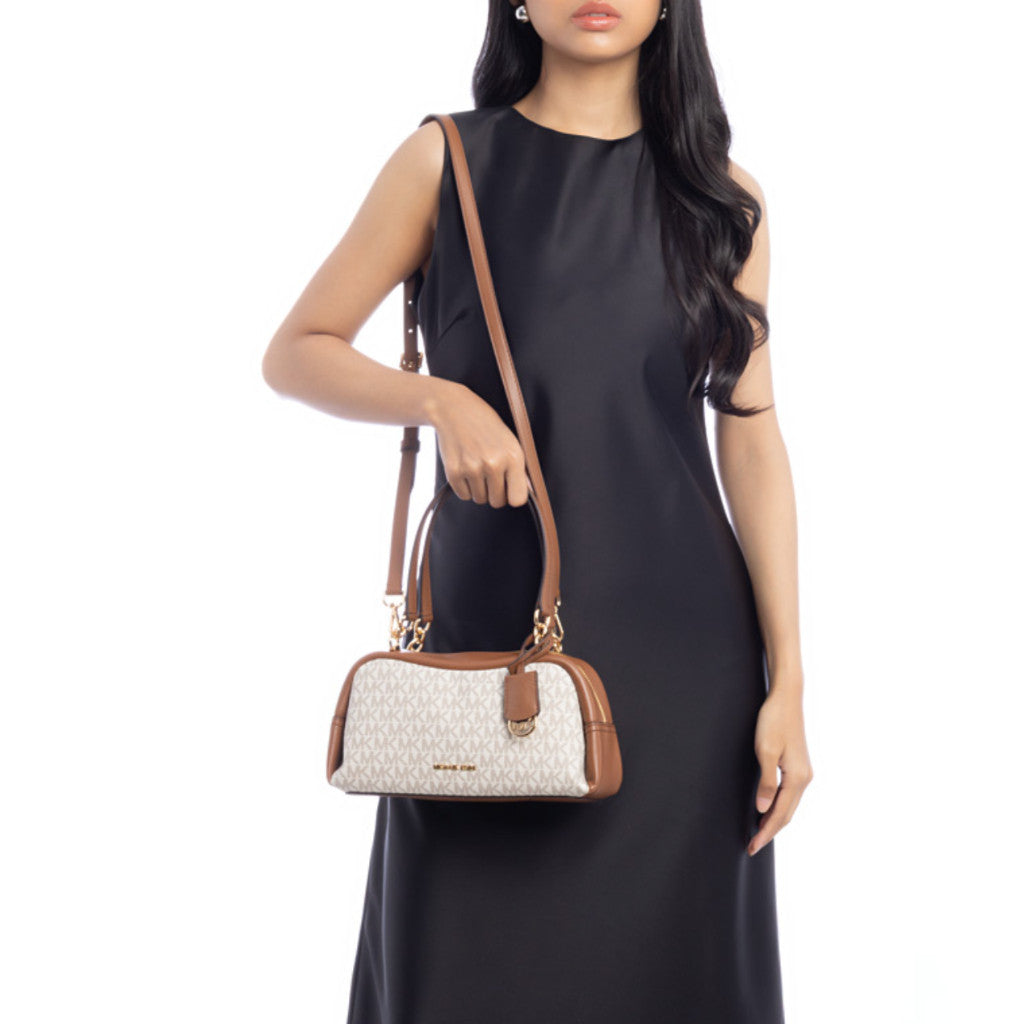 ORIG & IMPORTED MK Cecily Small Signature Logo Shoulder Bag White/Brown