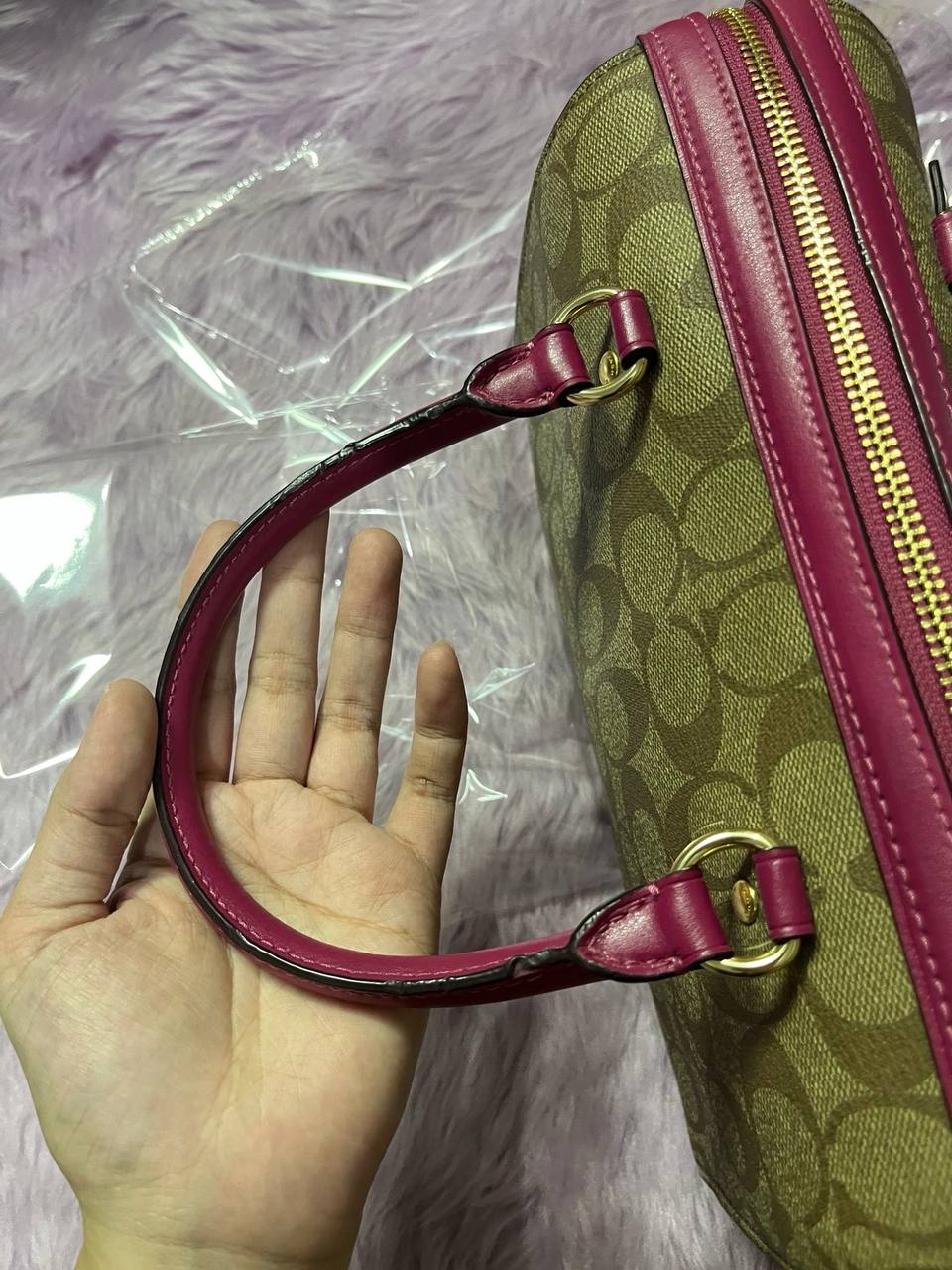 ORIG Preloved Coach Rowan Satchel Signature Khaki Dark Fuchsia Pink Bag