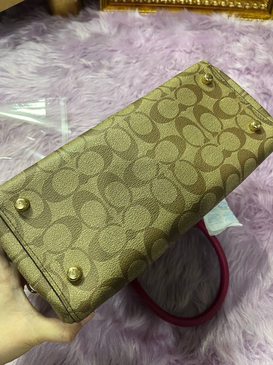 ORIG Preloved Coach Rowan Satchel Signature Khaki Dark Fuchsia Pink Bag