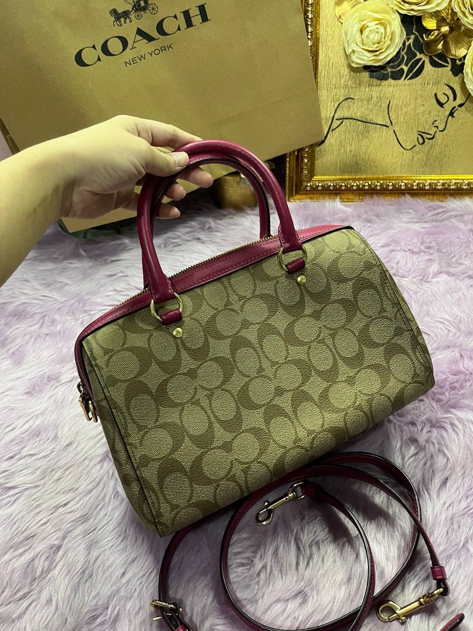 ORIG Preloved Coach Rowan Satchel Signature Khaki Dark Fuchsia Pink Bag
