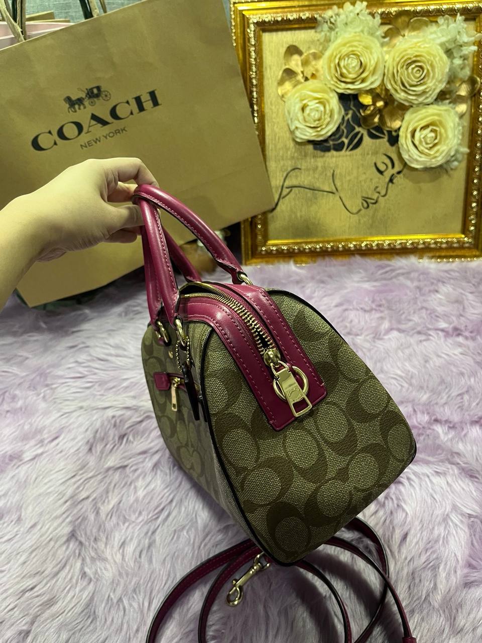 ORIG Preloved Coach Rowan Satchel Signature Khaki Dark Fuchsia Pink Bag