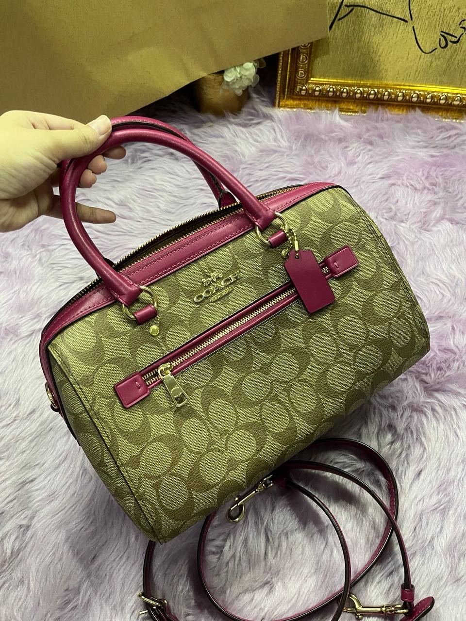 ORIG Preloved Coach Rowan Satchel Signature Khaki Dark Fuchsia Pink Bag