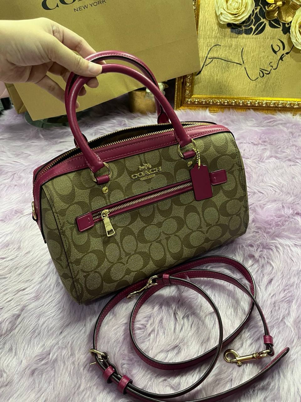 ORIG Preloved Coach Rowan Satchel Signature Khaki Dark Fuchsia Pink Bag