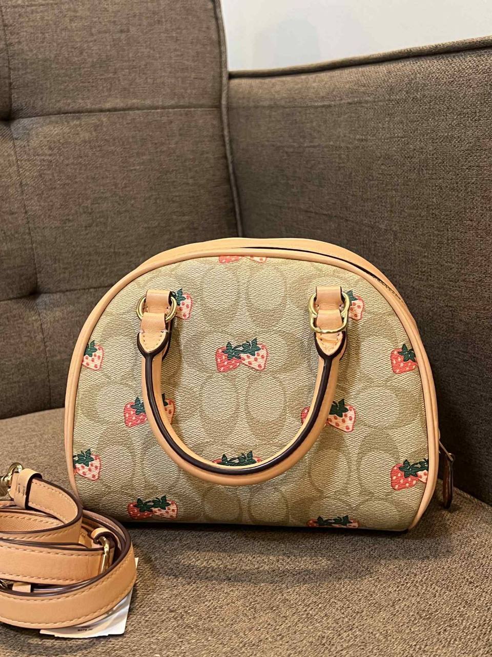 ORIG Preloved Coach Sydney Satchel Small Bag With Strawberry Print Light Khaki/Peach