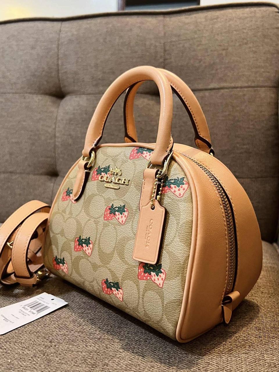 ORIG Preloved Coach Sydney Satchel Small Bag With Strawberry Print Light Khaki/Peach