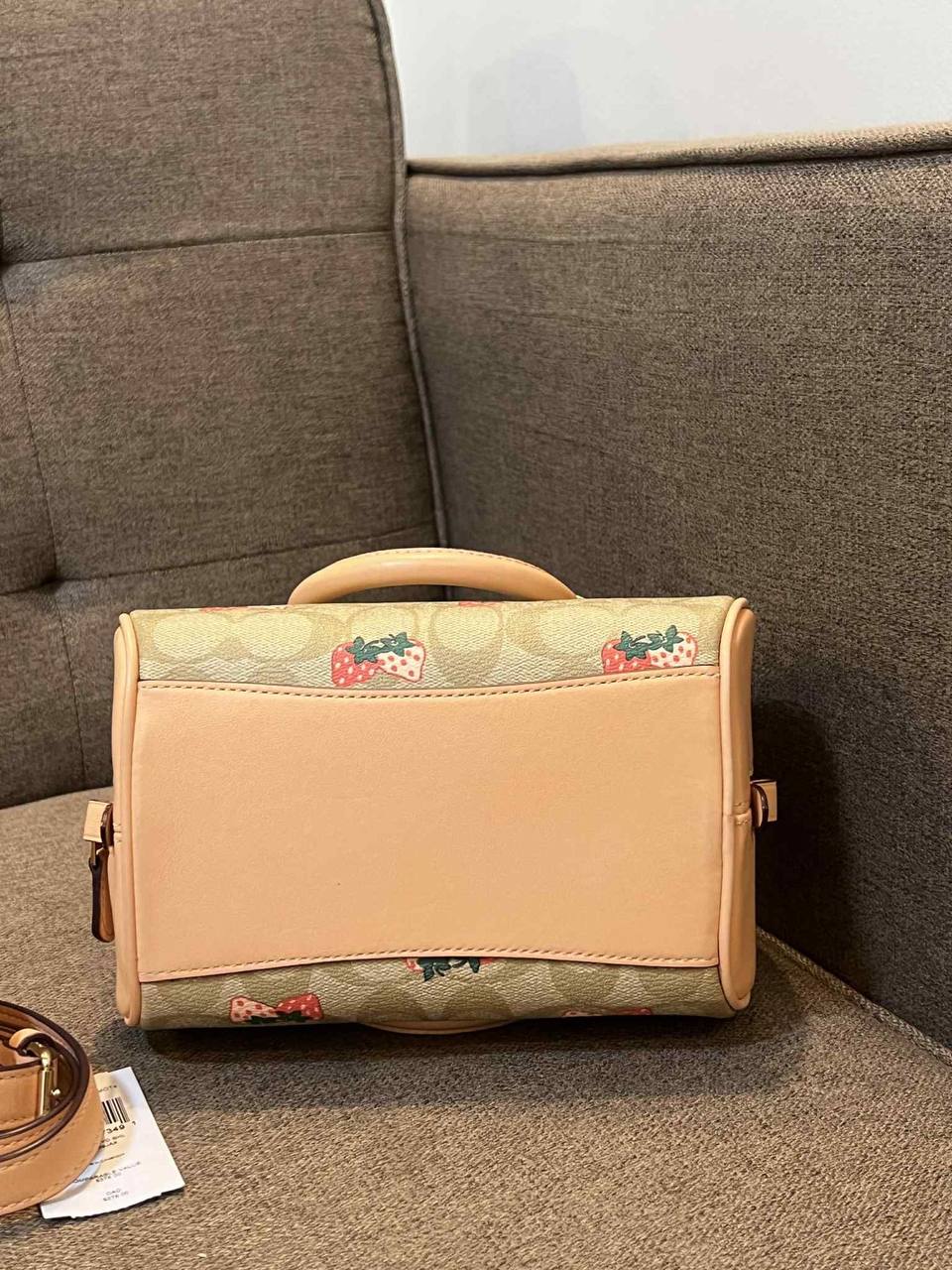 ORIG Preloved Coach Sydney Satchel Small Bag With Strawberry Print Light Khaki/Peach