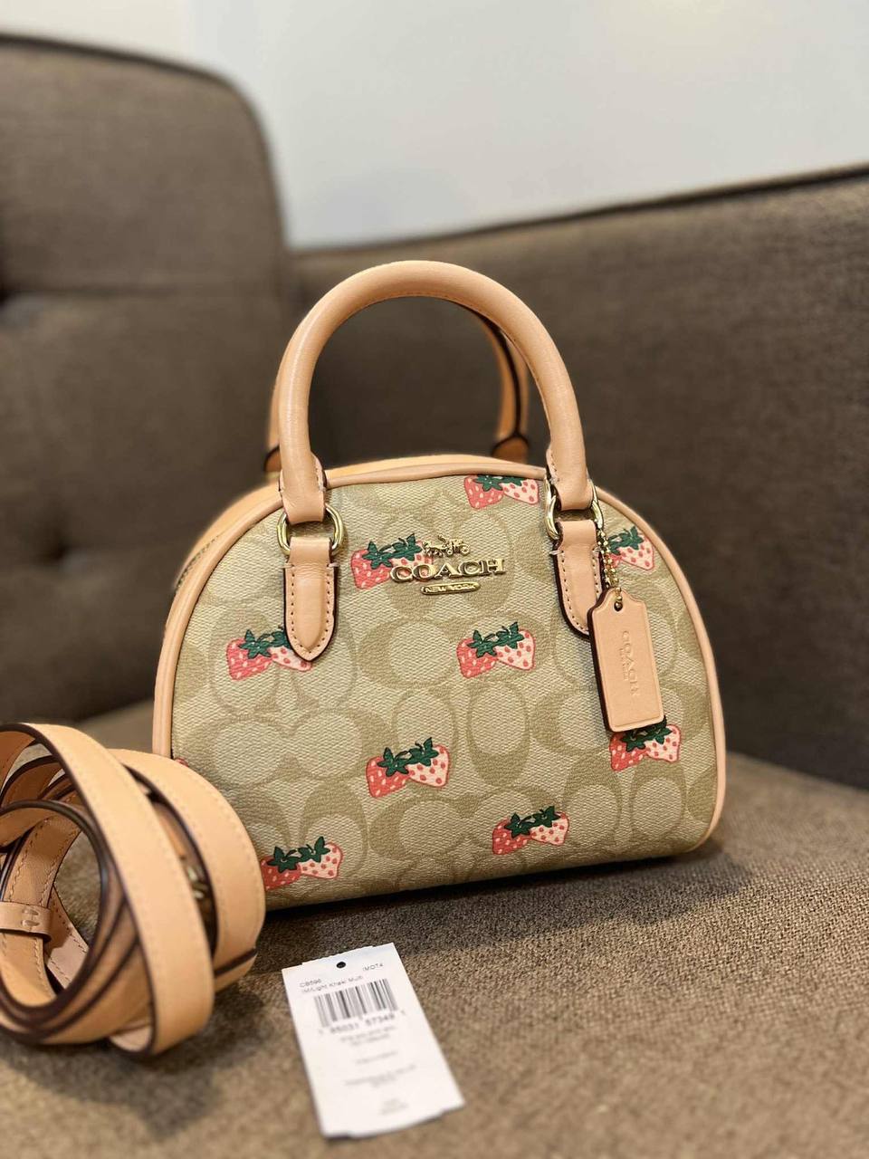 ORIG Preloved Coach Sydney Satchel Small Bag With Strawberry Print Light Khaki/Peach