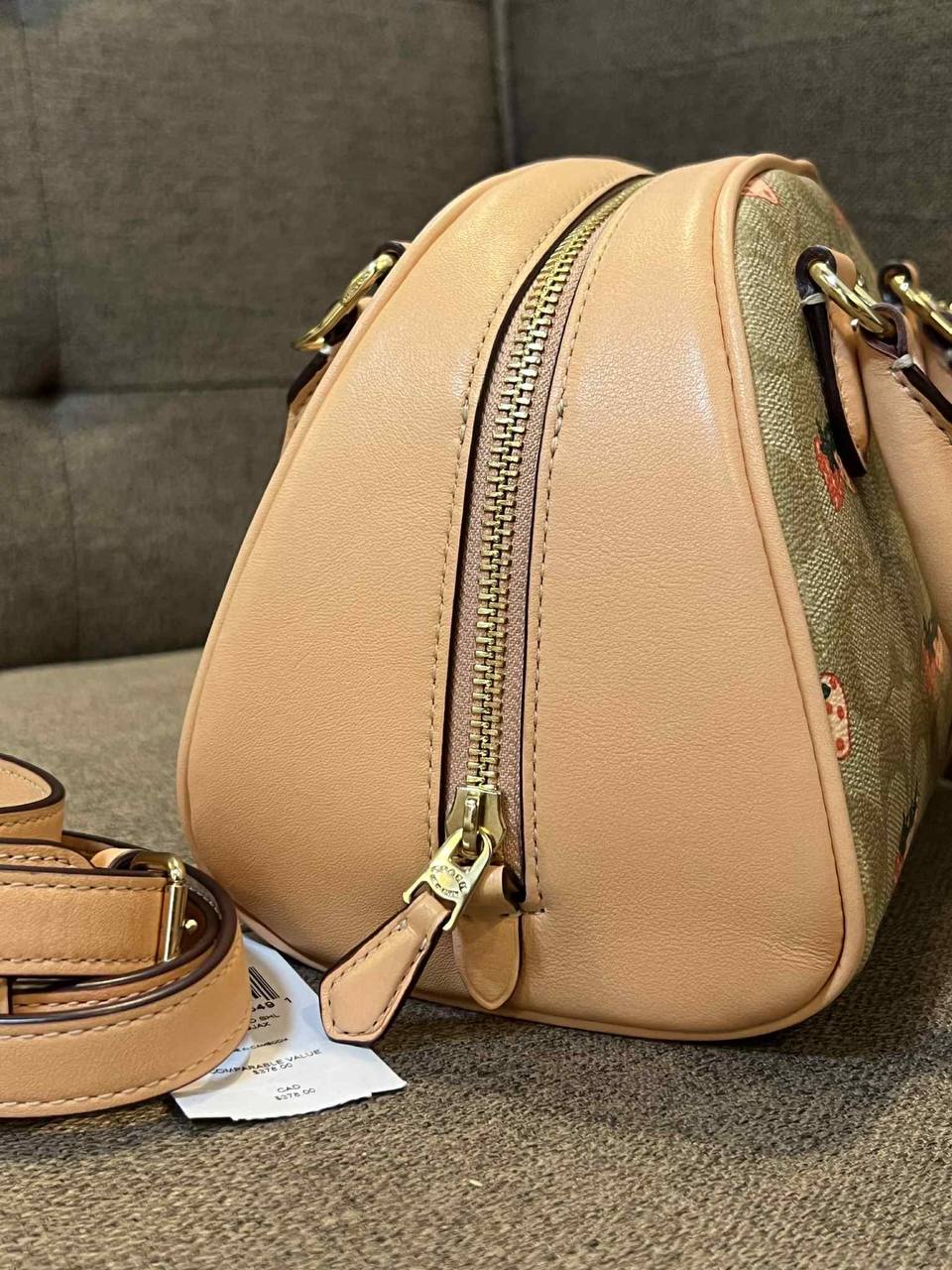 ORIG Preloved Coach Sydney Satchel Small Bag With Strawberry Print Light Khaki/Peach