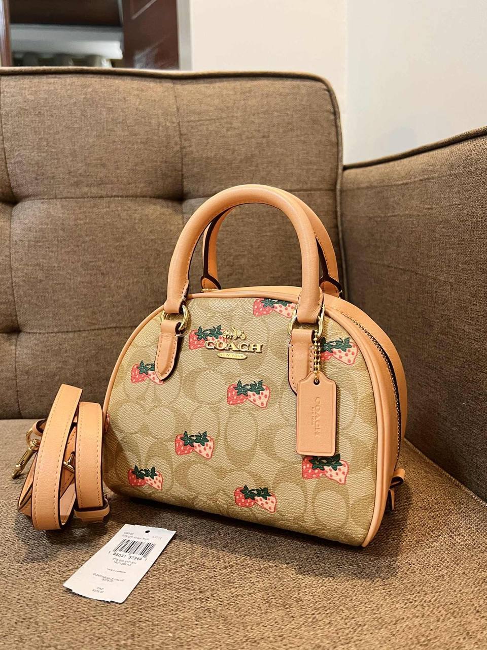 ORIG Preloved Coach Sydney Satchel Small Bag With Strawberry Print Light Khaki/Peach