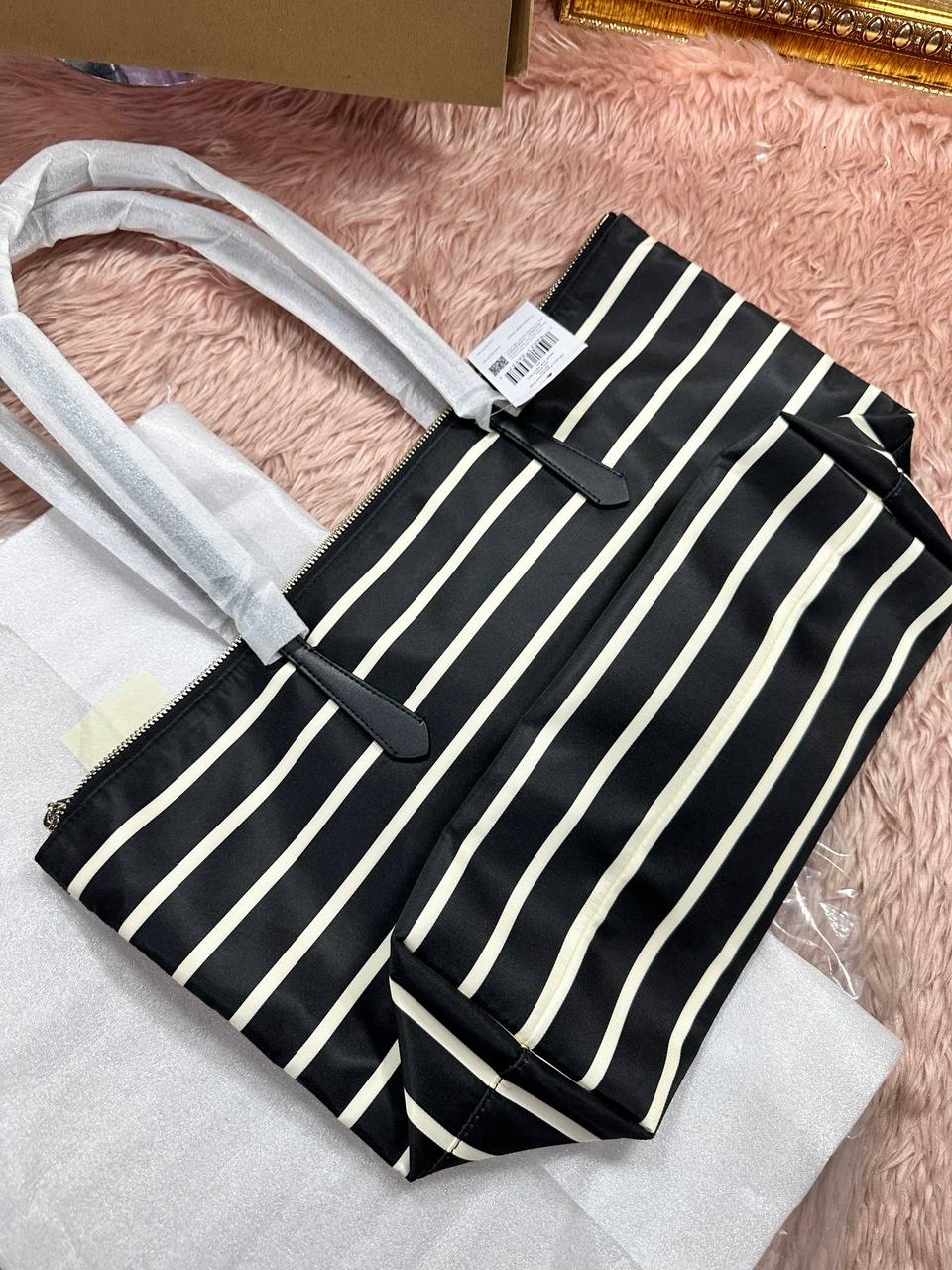 ORIG & IMPORTED KS Kitt Large Tote Nylon Bag Black & White Stripes