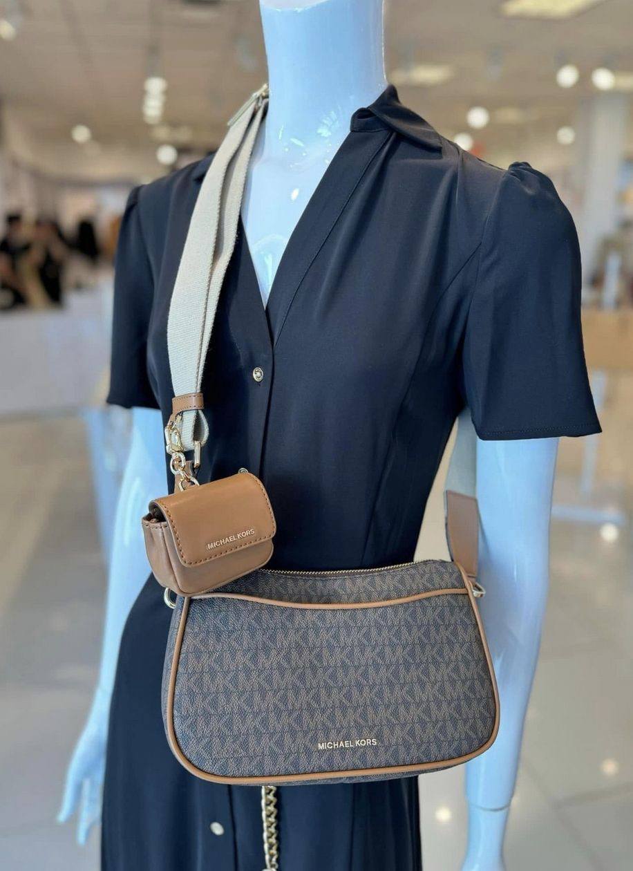 AUTHENTIC/ORIGINAL Preloved MK Jet Set Medium Signature Logo Crossbody Brown Bag with Case for AirPods