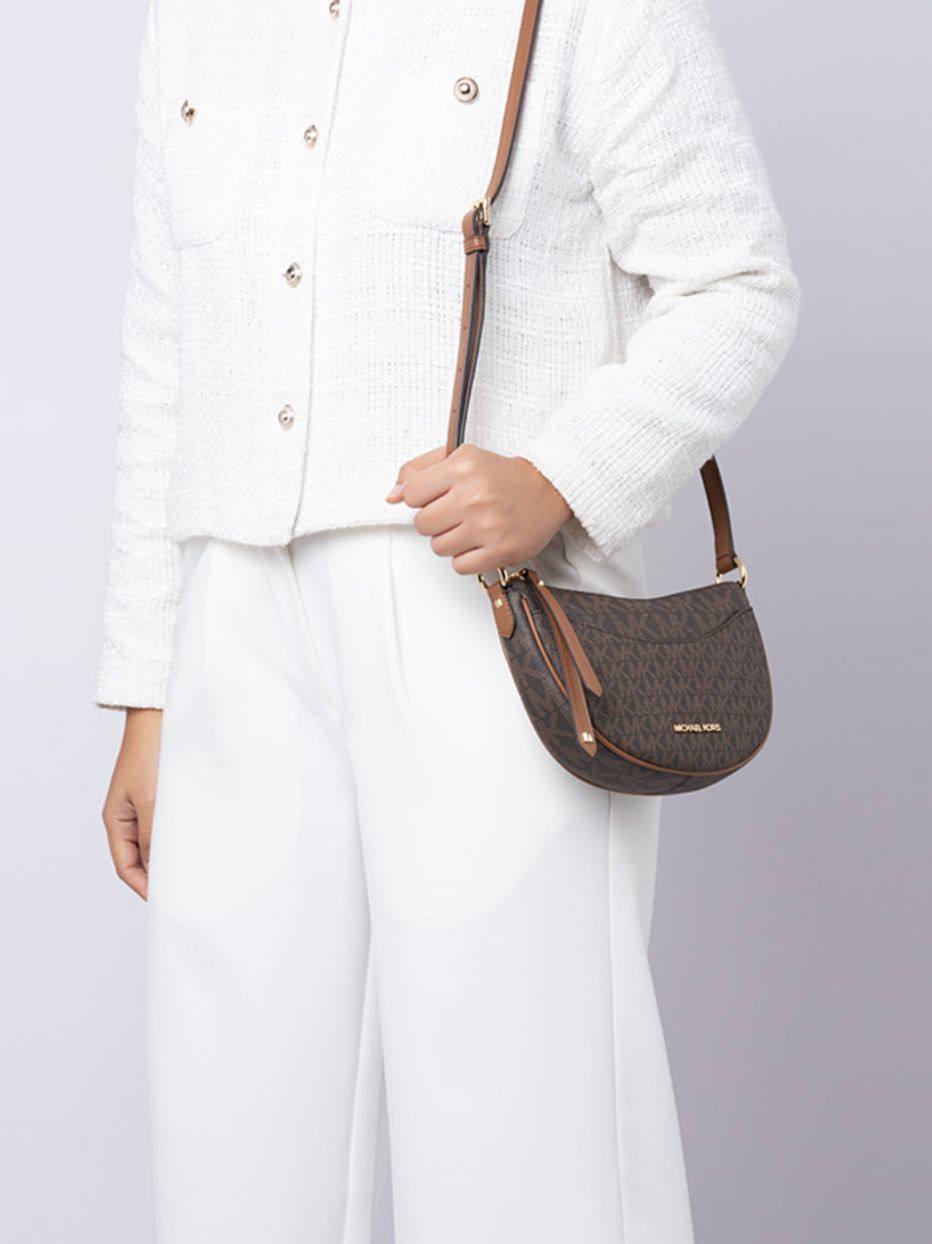 AUTHENTIC/ORIGINAL Preloved MK Signature Dover Small Half Moon Crossbody Bag Brown