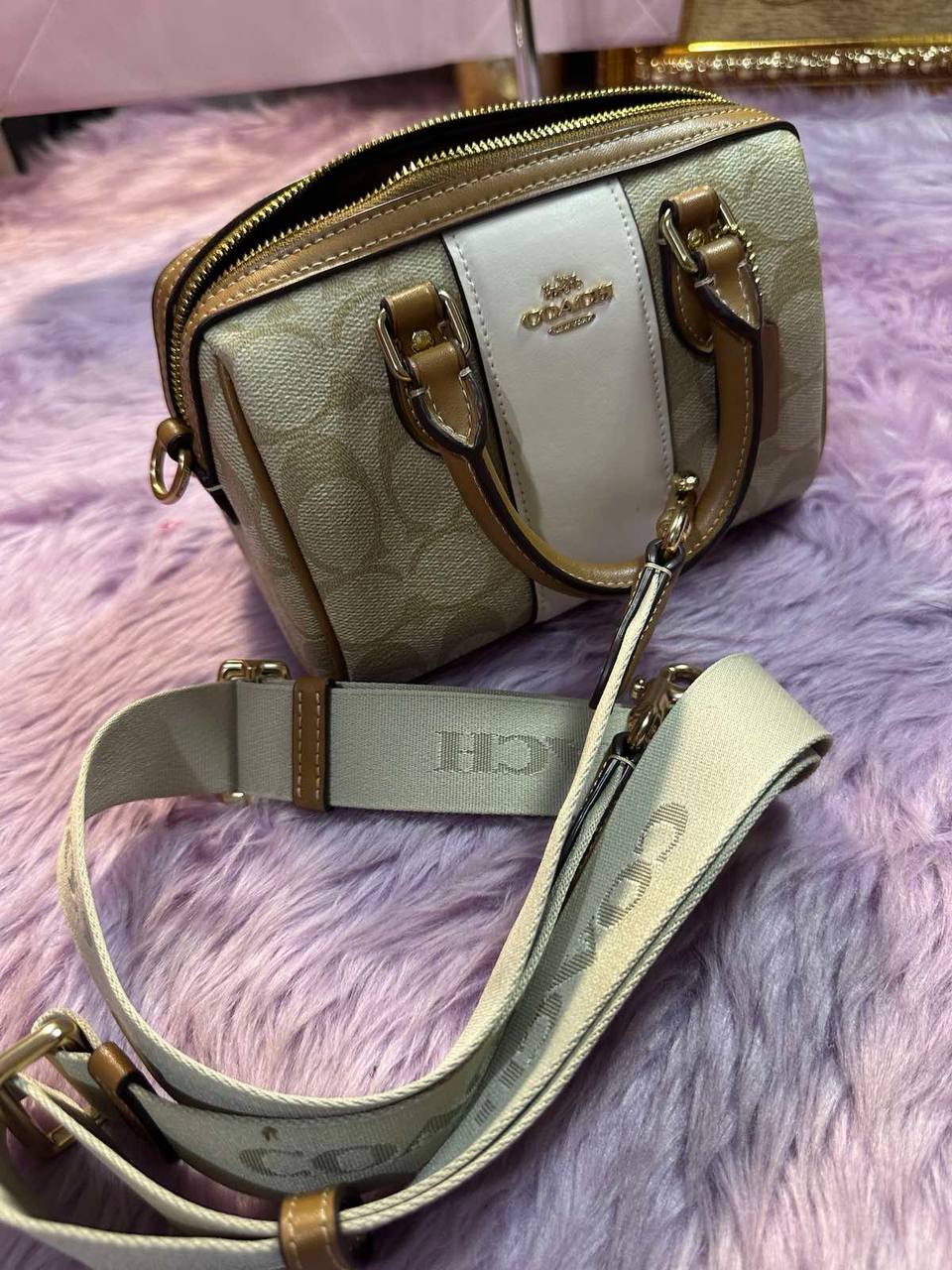 ORIG Preloved Coach Mini Rowan Crossbody Bag With Stripe Light Brown/White