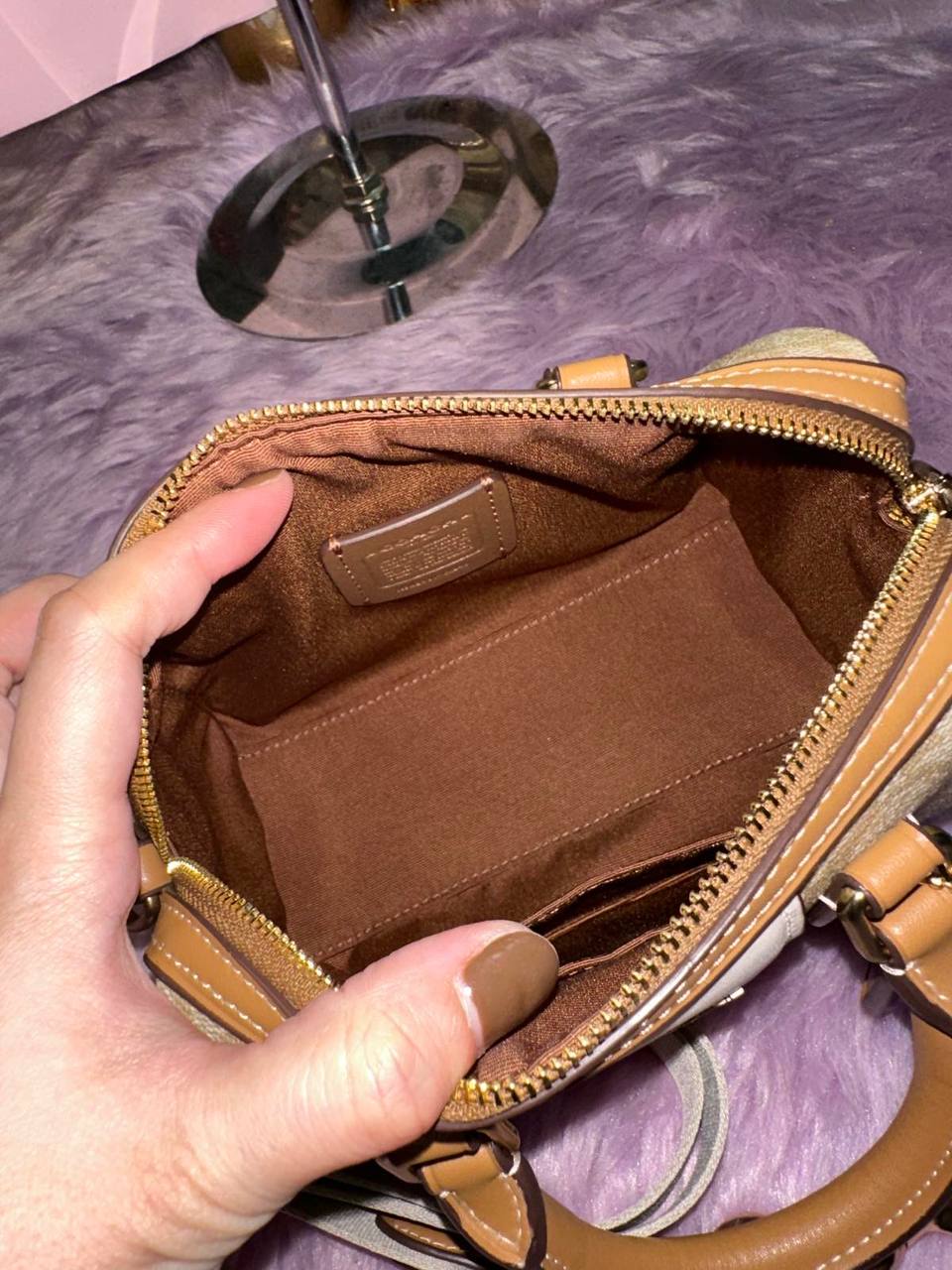 ORIG Preloved Coach Mini Rowan Crossbody Bag With Stripe Light Brown/White