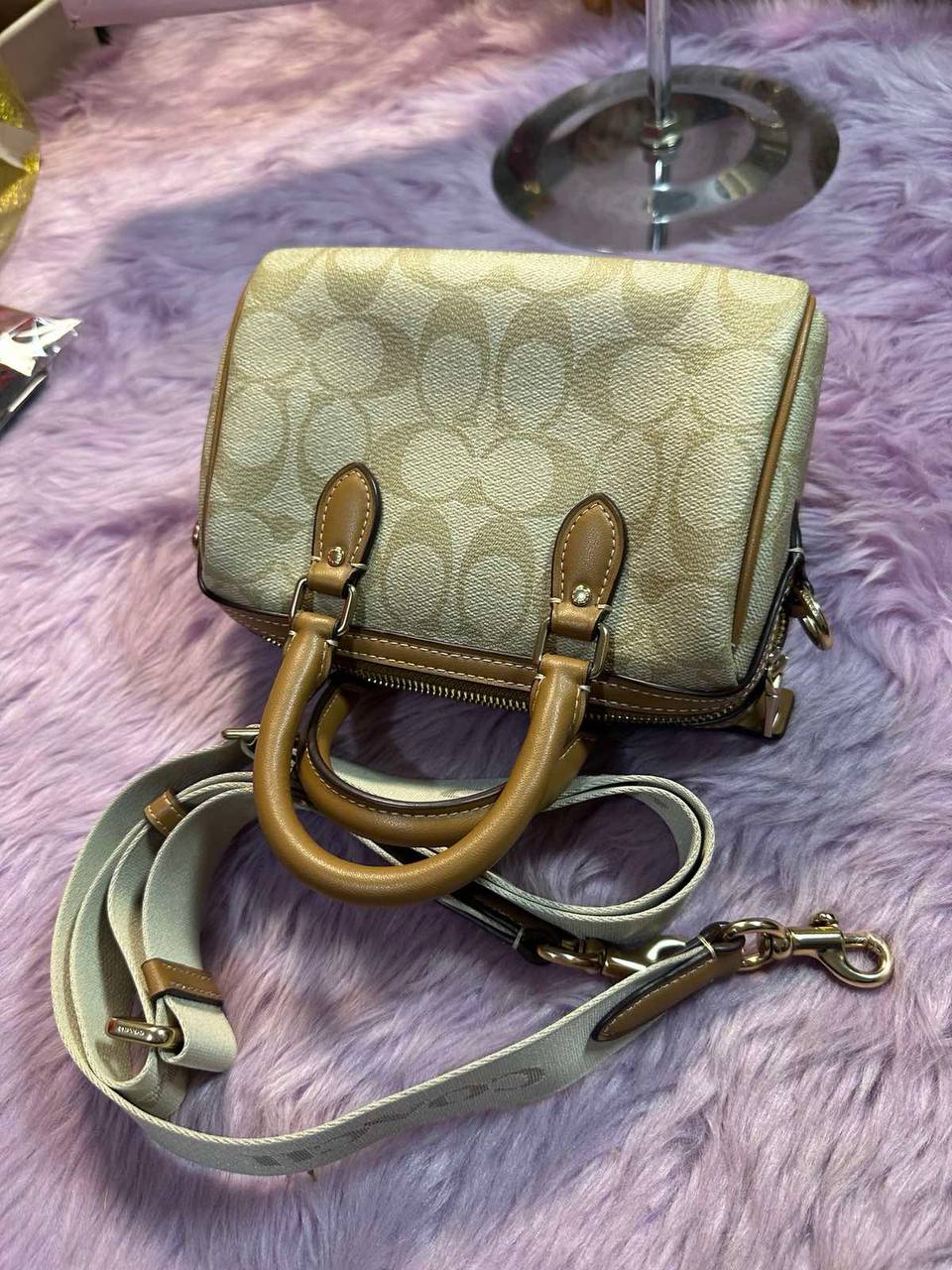 ORIG Preloved Coach Mini Rowan Crossbody Bag With Stripe Light Brown/White