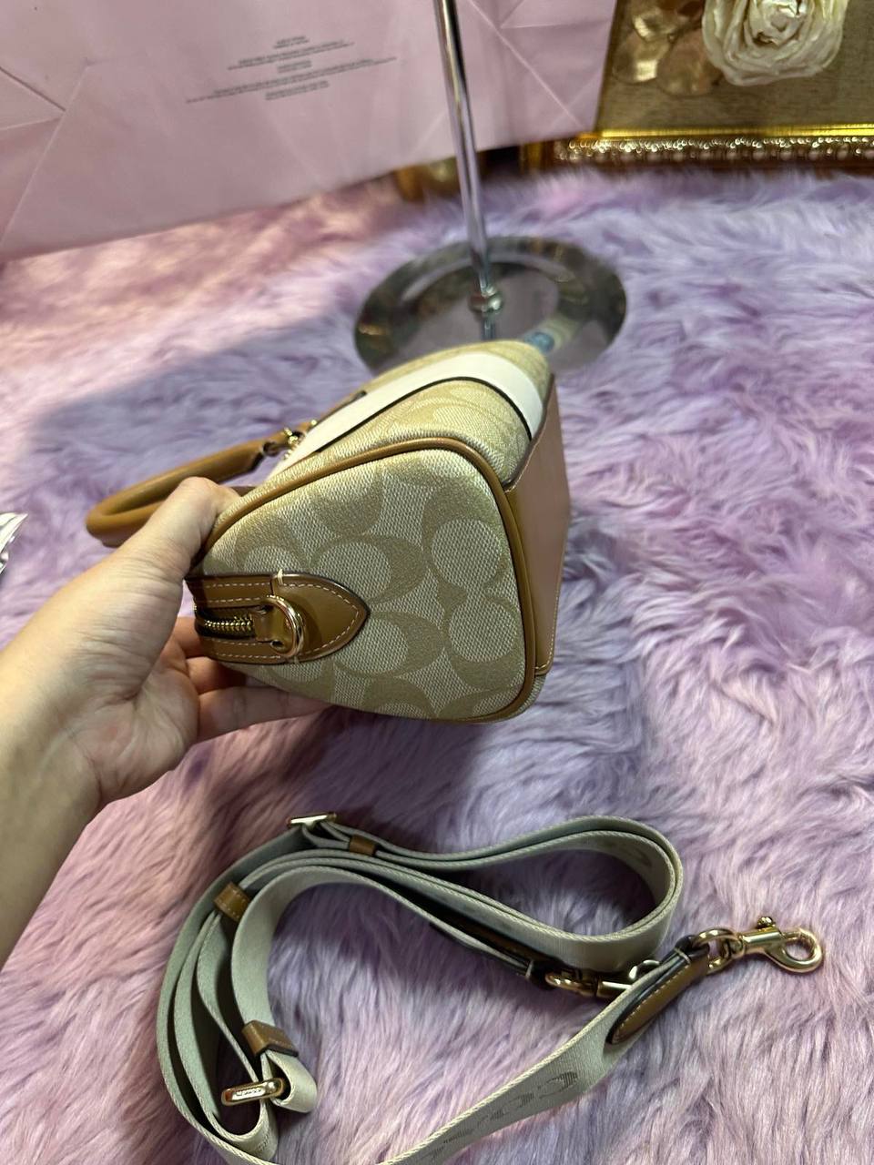 ORIG Preloved Coach Mini Rowan Crossbody Bag With Stripe Light Brown/White