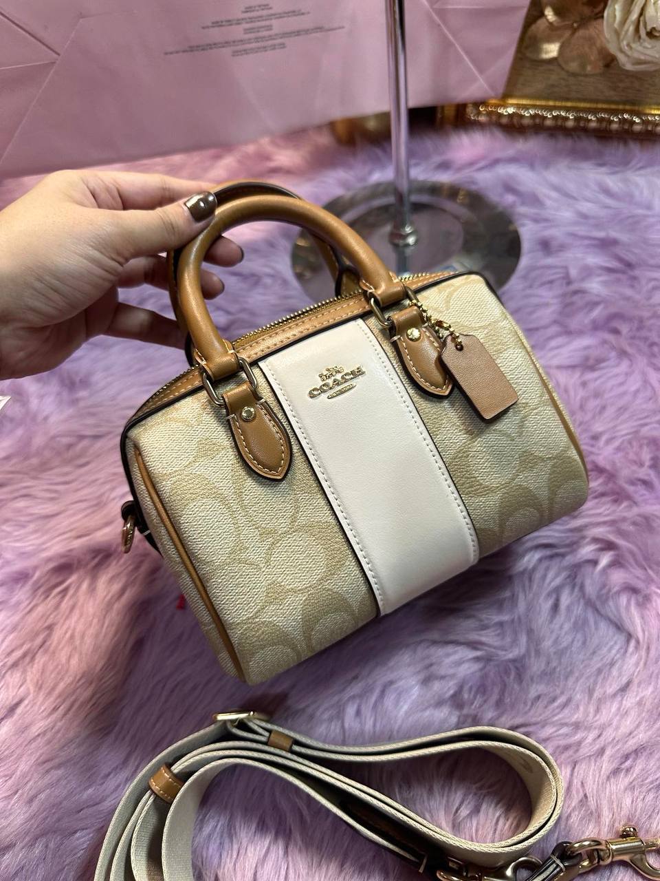 ORIG Preloved Coach Mini Rowan Crossbody Bag With Stripe Light Brown/White