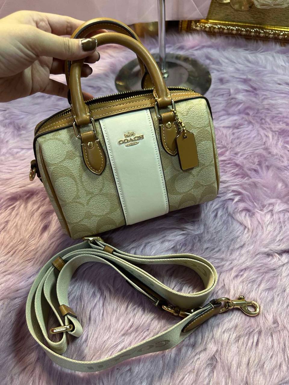 ORIG Preloved Coach Mini Rowan Crossbody Bag With Stripe Light Brown/White