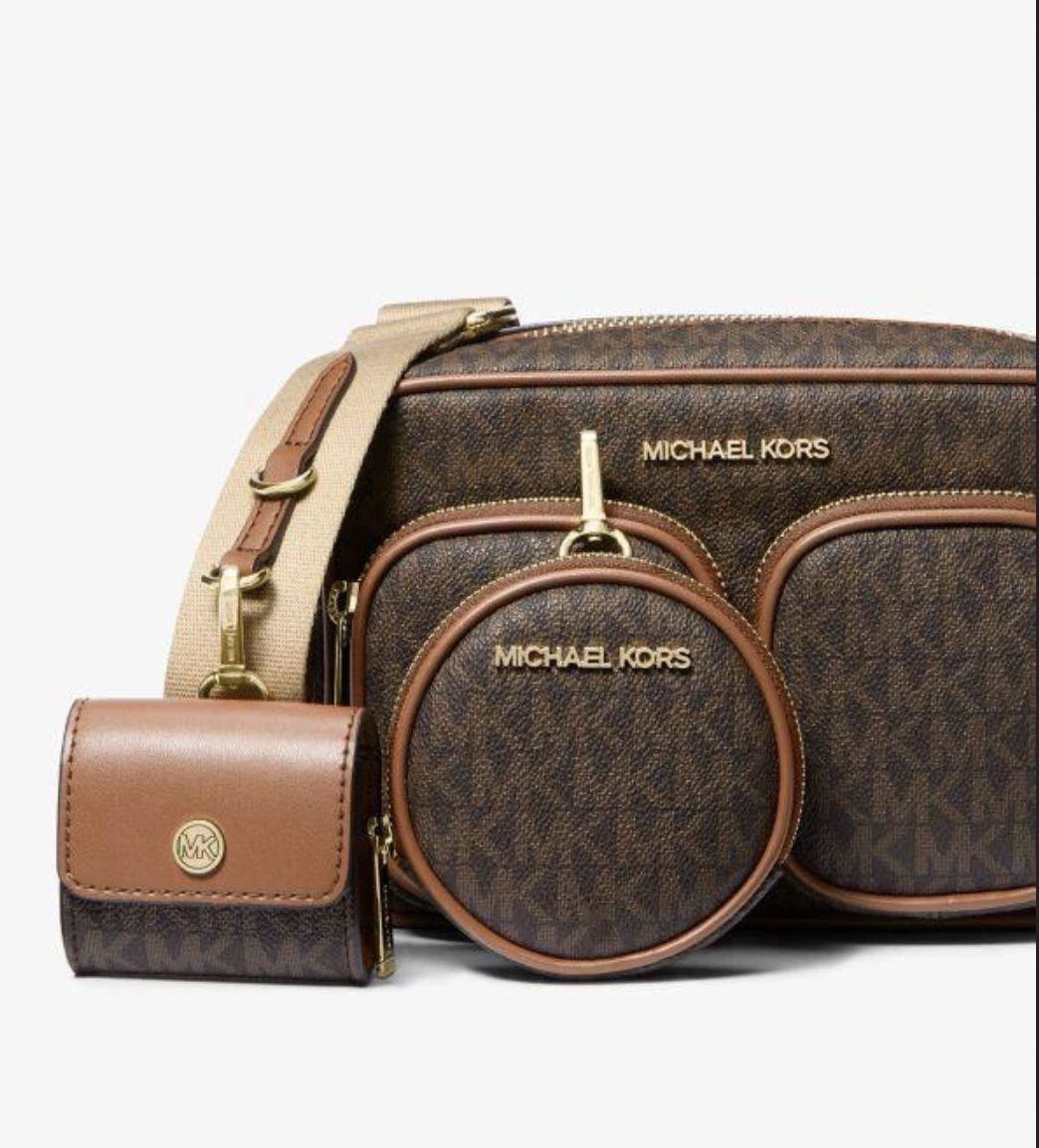 ORIG & IMPORTED MICHAEL KORS MK Jet Set Medium Signature Logo Crossbody Brown Bag with Case for Airpods