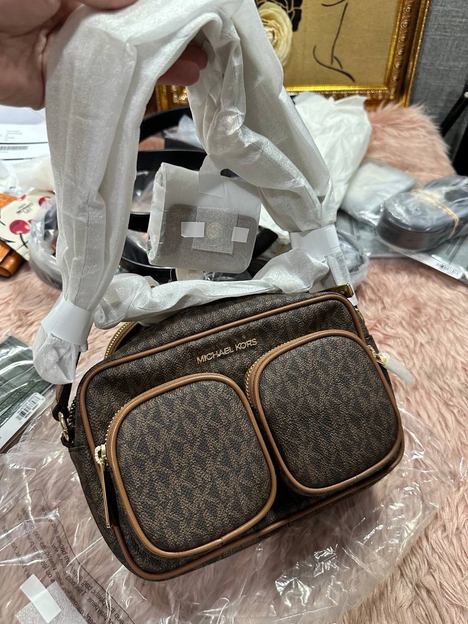ORIG & IMPORTED MICHAEL KORS MK Jet Set Medium Signature Logo Crossbody Brown Bag with Case for Airpods
