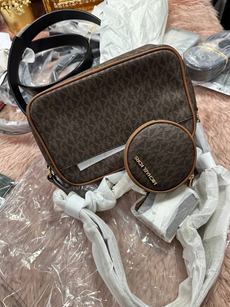 ORIG & IMPORTED MICHAEL KORS MK Jet Set Medium Signature Logo Crossbody Brown Bag with Case for Airpods