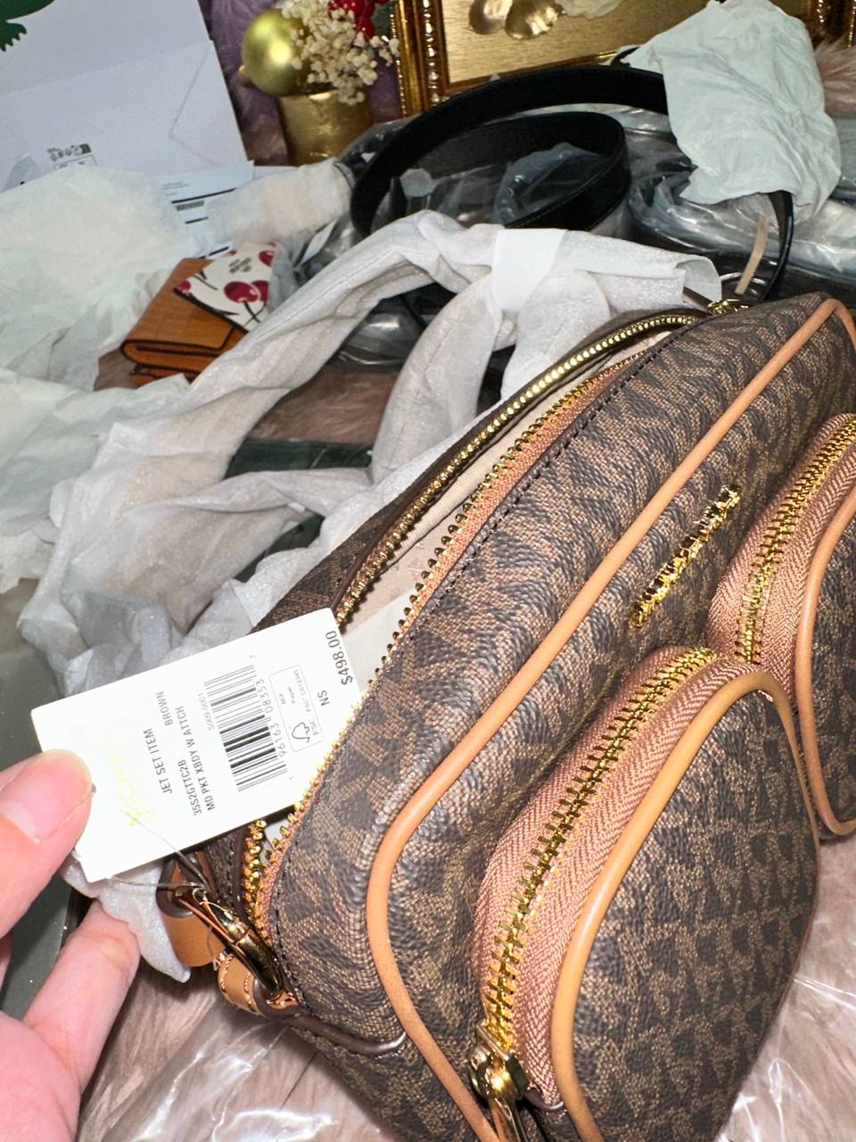 ORIG & IMPORTED MICHAEL KORS MK Jet Set Medium Signature Logo Crossbody Brown Bag with Case for Airpods