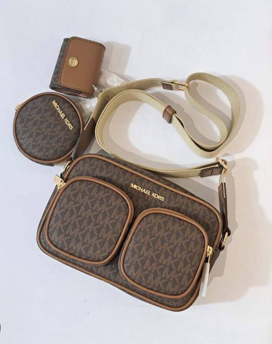 ORIG & IMPORTED MICHAEL KORS MK Jet Set Medium Signature Logo Crossbody Brown Bag with Case for Airpods