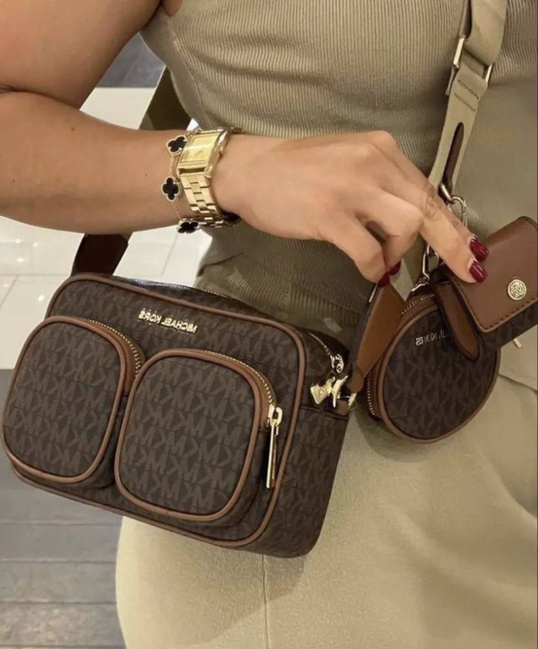 ORIG & IMPORTED MICHAEL KORS MK Jet Set Medium Signature Logo Crossbody Brown Bag with Case for Airpods