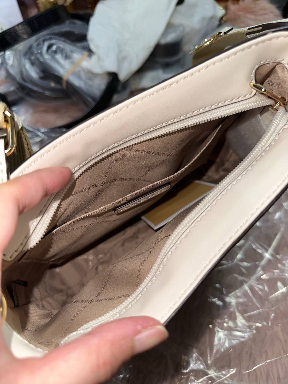 ORIG & IMPORTED Michael Kors MK Jet Set Travel Small Signature Logo and Metallic Messenger Bag Oxblood/Vanilla White