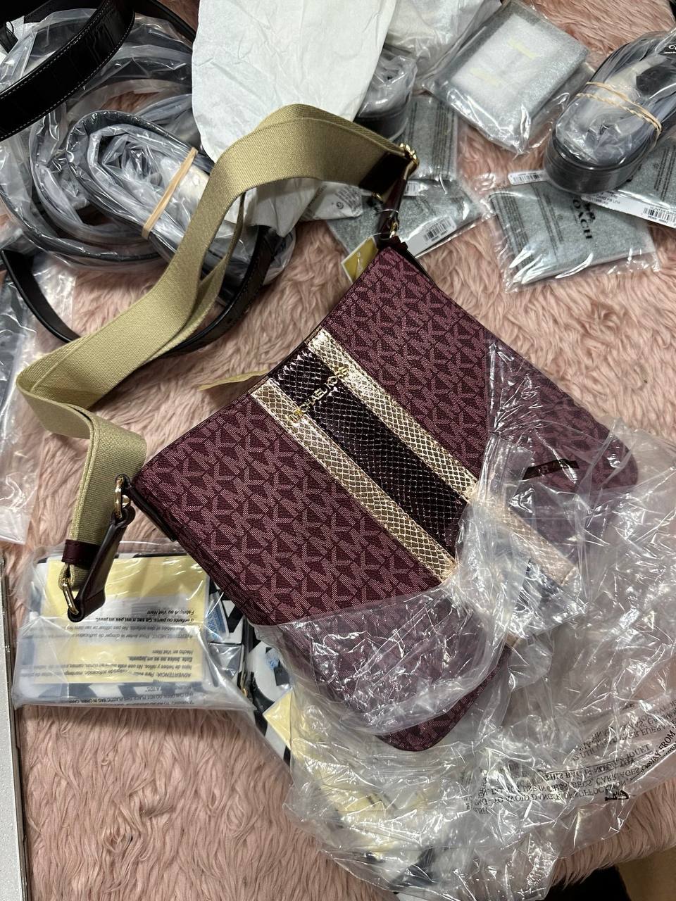 ORIG & IMPORTED Michael Kors MK Jet Set Travel Small Signature Logo and Metallic Messenger Bag Oxblood/Vanilla White