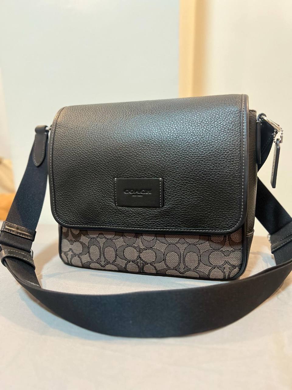 ORIG Preloved COACH Sprint Map Flap Men Bag 25 In Signature Jacquard Black