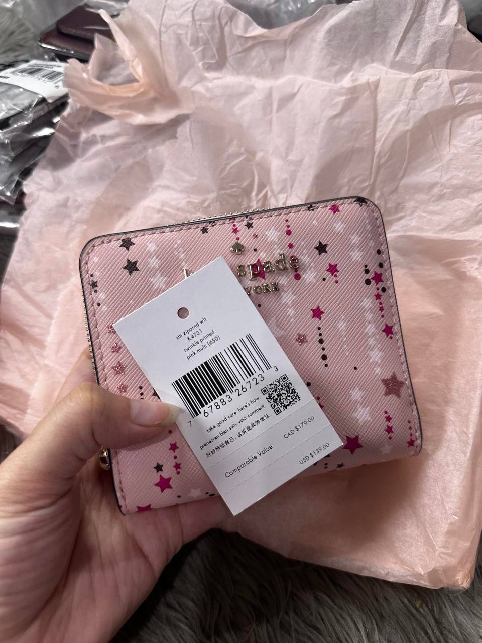 ORIG & IMPORTED Kate Spade KS Glitter Twinkle Stars Small Zip Around Wallet in Pink