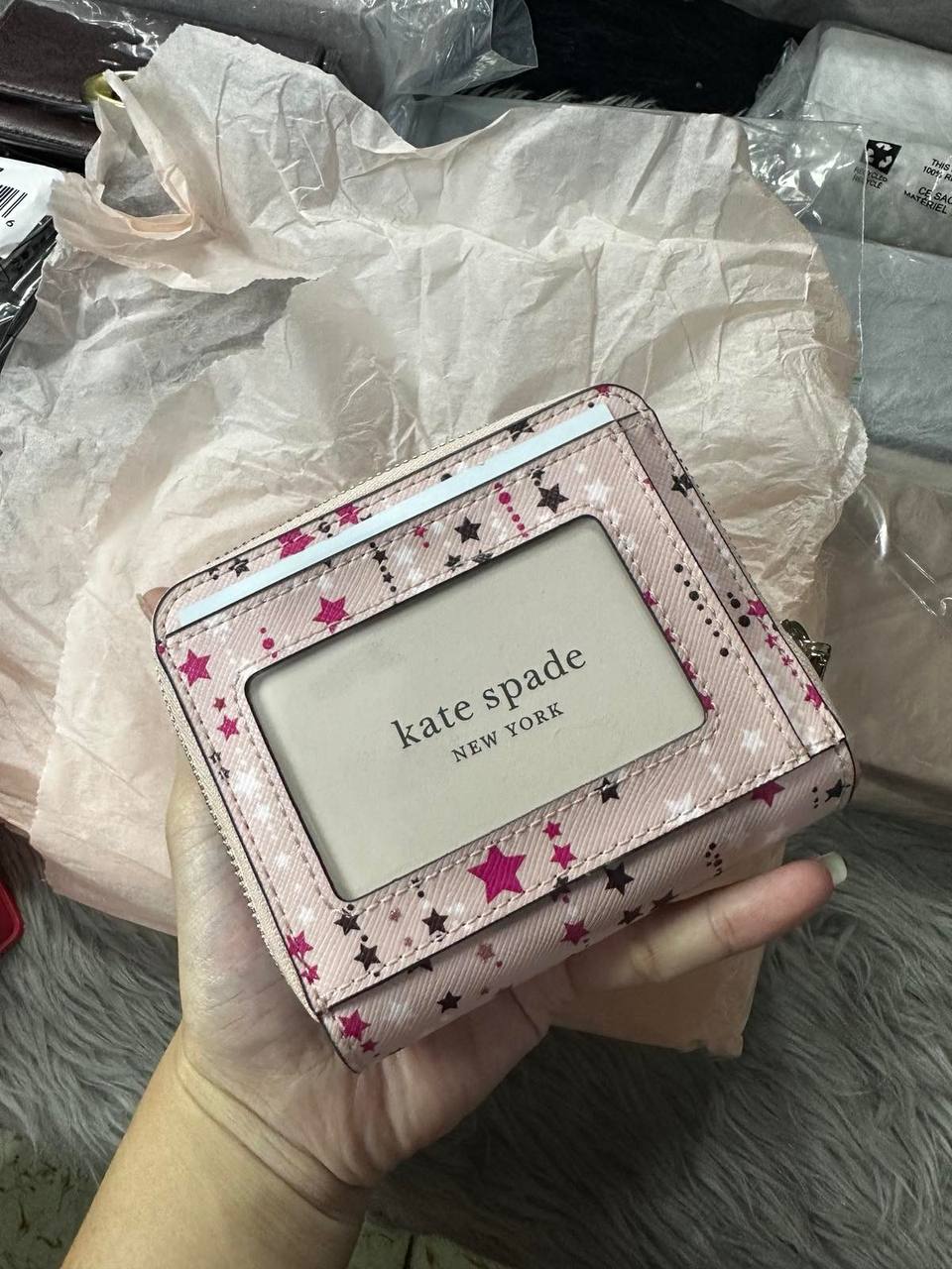 ORIG & IMPORTED Kate Spade KS Glitter Twinkle Stars Small Zip Around Wallet in Pink
