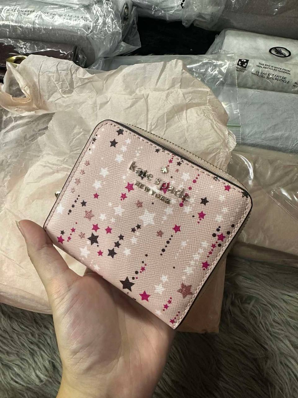 ORIG & IMPORTED Kate Spade KS Glitter Twinkle Stars Small Zip Around Wallet in Pink