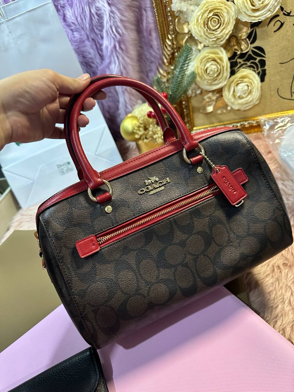 ORIG Preloved Coach Rowan Satchel In Signature Canvas Brown/Red Bag