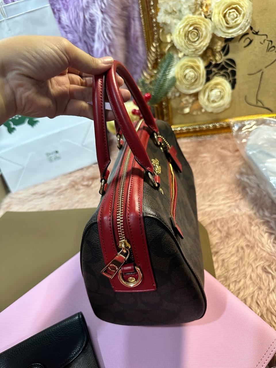 ORIG Preloved Coach Rowan Satchel In Signature Canvas Brown/Red Bag