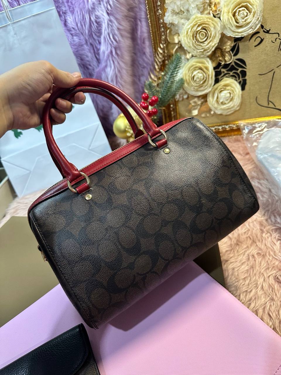 ORIG Preloved Coach Rowan Satchel In Signature Canvas Brown/Red Bag