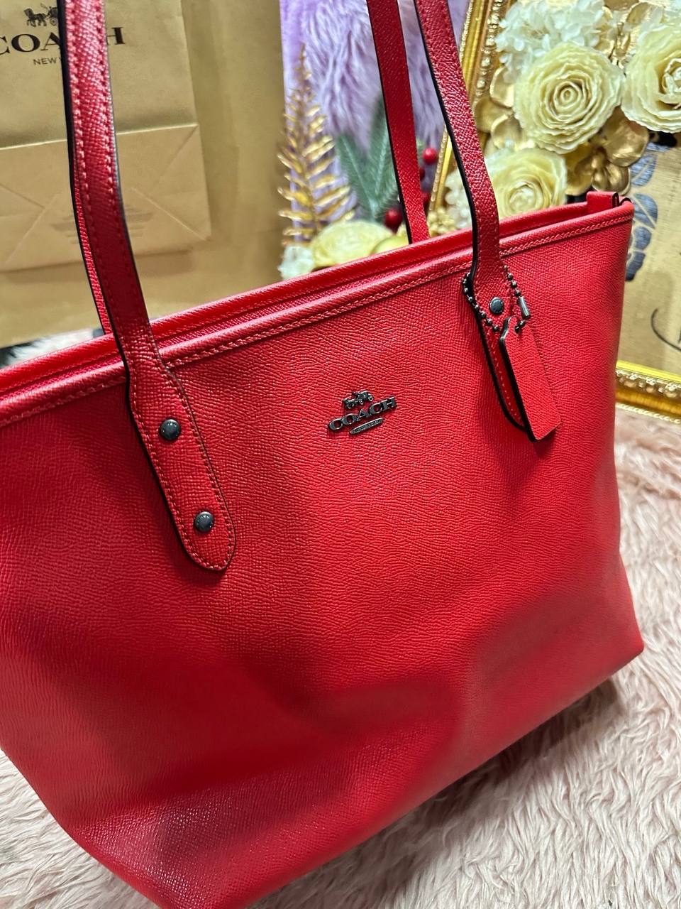 ORIG Preloved Coach Large City Zip Top Tote Bag Red