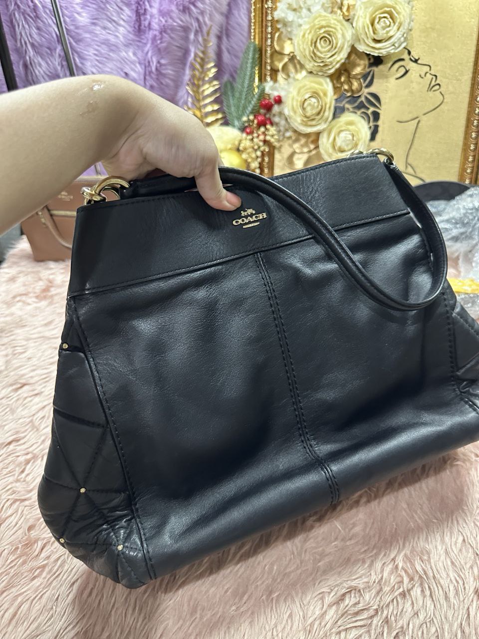 ORIG Preloved Coach Lexi Limited Edition Black Leather Quilted Stud Shoulder Bag