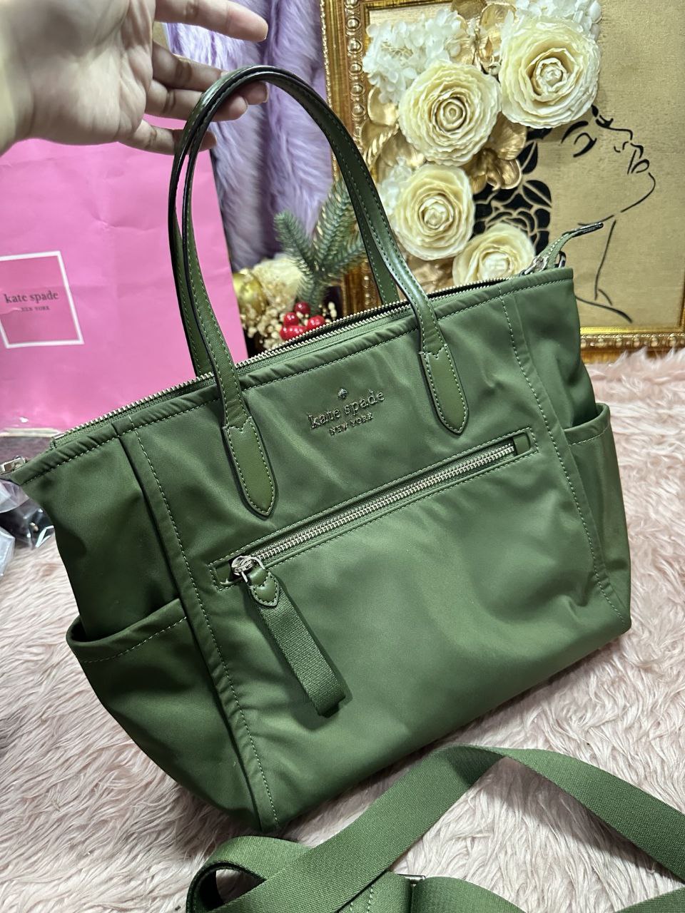 ORIG Preloved Kate Spade KS Chelsea Nylon Medium Satchel Crossbody Bag Enchanted Green