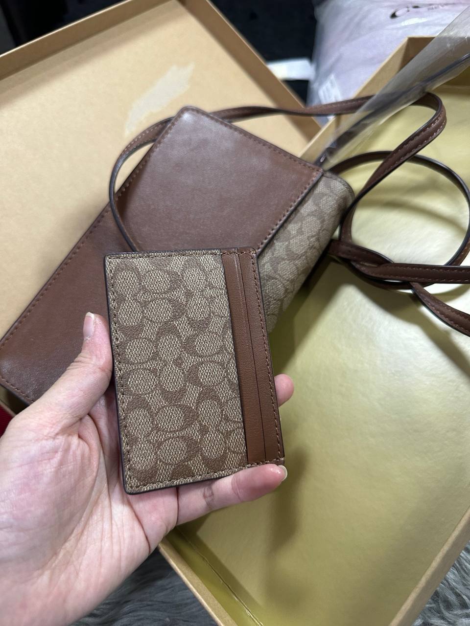 ORIG & IMPORTED COACH Anna Foldover Clutch Crossbody Small Bag & Card Wallet Set Khaki Brown