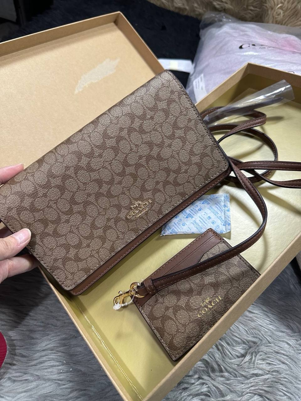 ORIG & IMPORTED COACH Anna Foldover Clutch Crossbody Small Bag & Card Wallet Set Khaki Brown