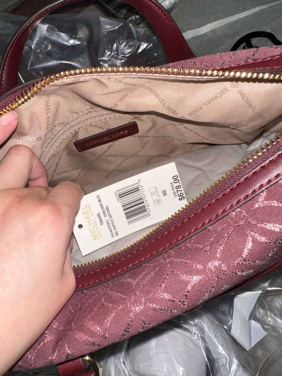 ORIG & IMPORTED MICHAEL KORS MK Medium Duffle Satchel Bag Glitter Oxblood Maroon