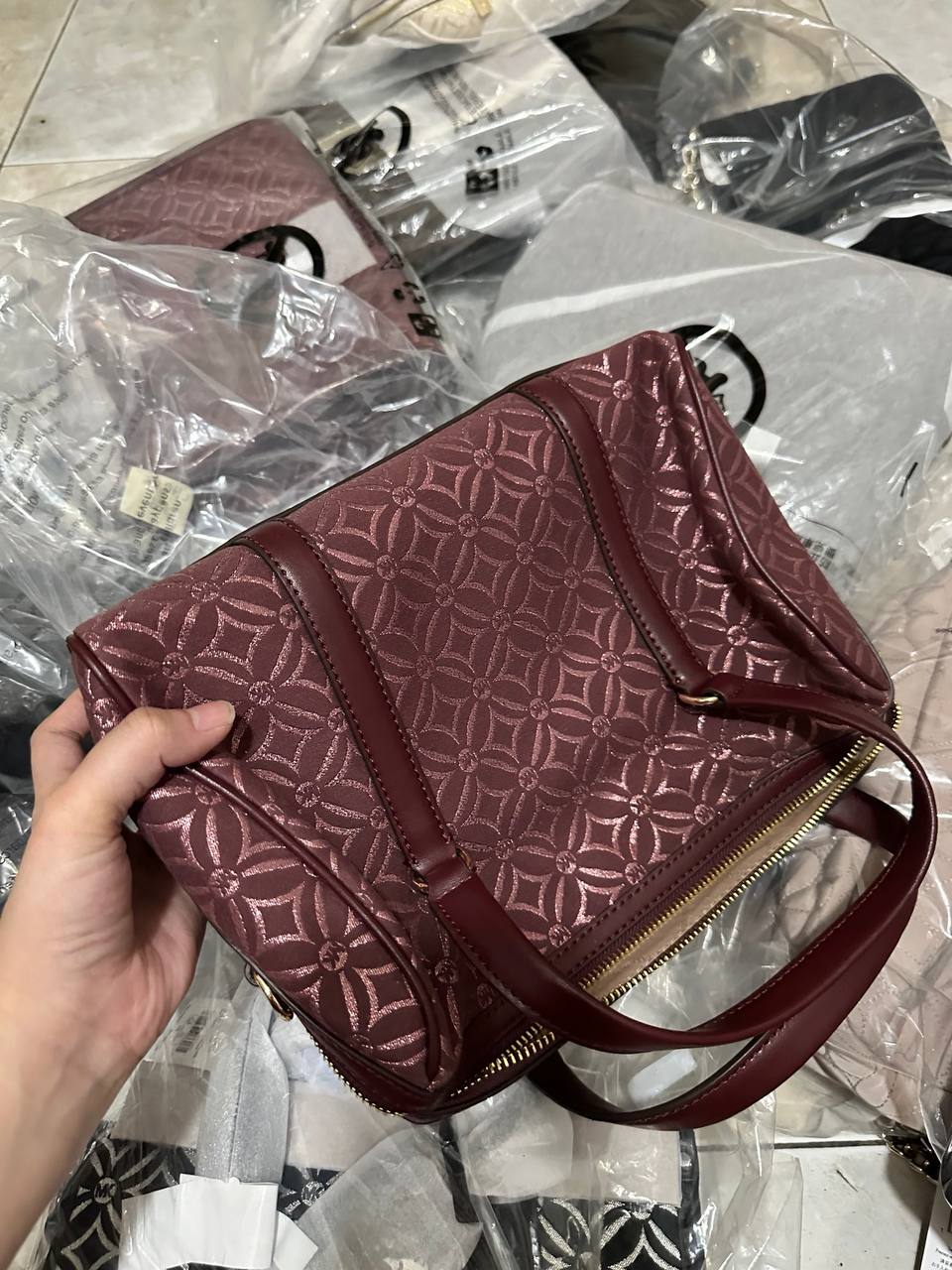 ORIG & IMPORTED MICHAEL KORS MK Medium Duffle Satchel Bag Glitter Oxblood Maroon