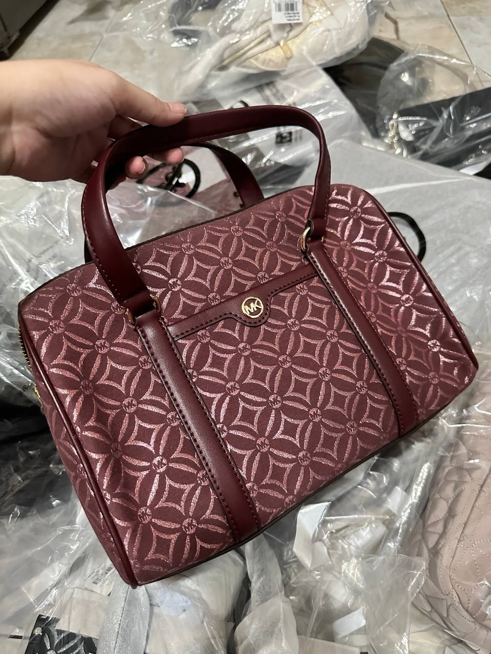 ORIG & IMPORTED MICHAEL KORS MK Medium Duffle Satchel Bag Glitter Oxblood Maroon