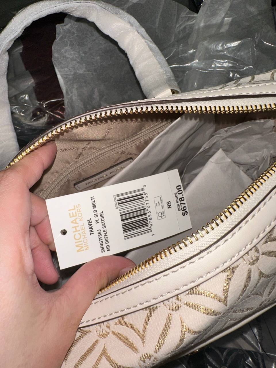 ORIG & IMPORTED MICHAEL KORS MK Medium Duffle Satchel Bag Glitter Vanilla White