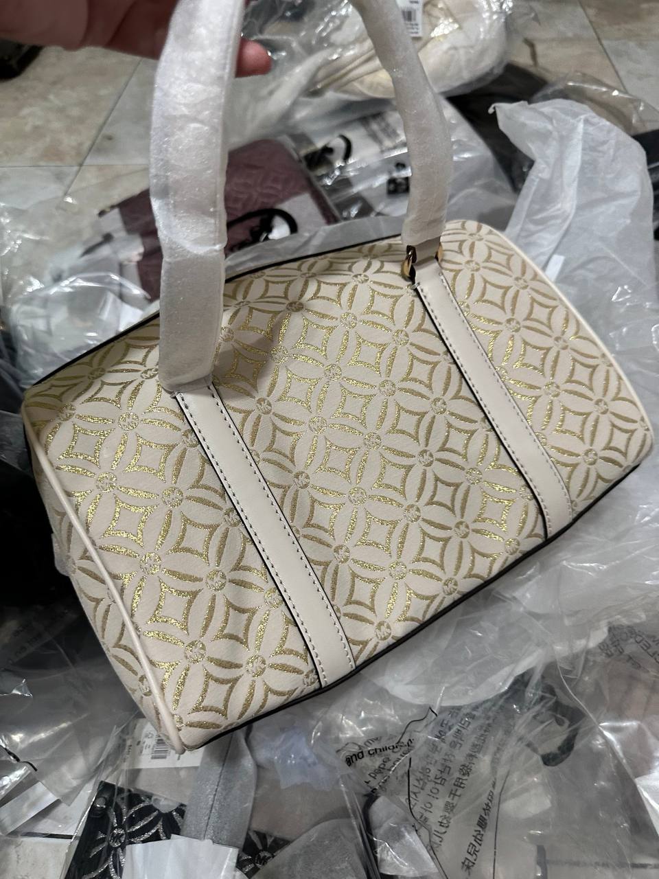 ORIG & IMPORTED MICHAEL KORS MK Medium Duffle Satchel Bag Glitter Vanilla White