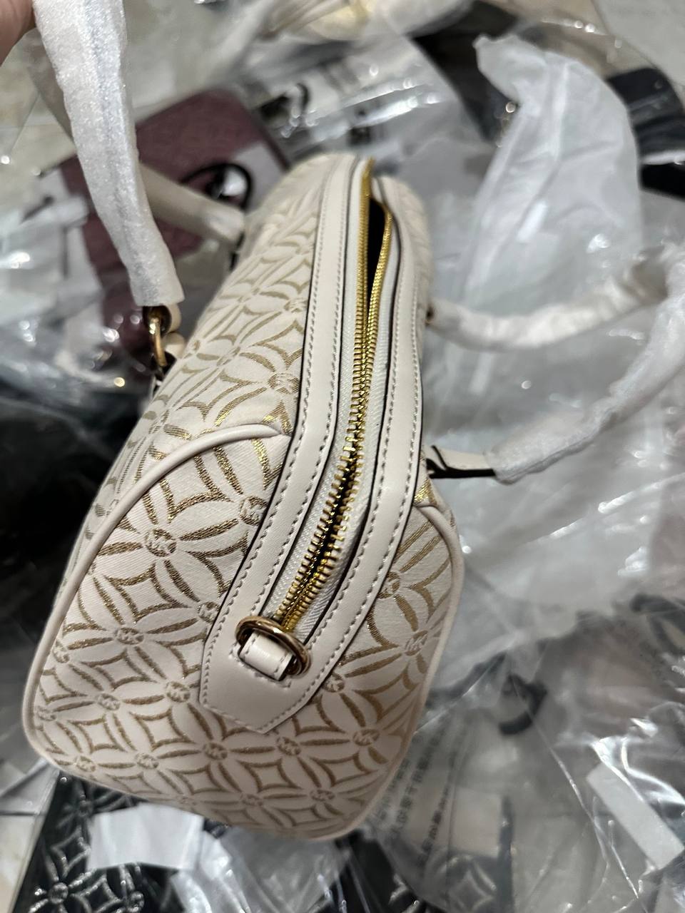 ORIG & IMPORTED MICHAEL KORS MK Medium Duffle Satchel Bag Glitter Vanilla White
